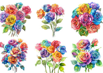 Watercolor Bunch of Rainbow Roses Clipart t shirt design for sale