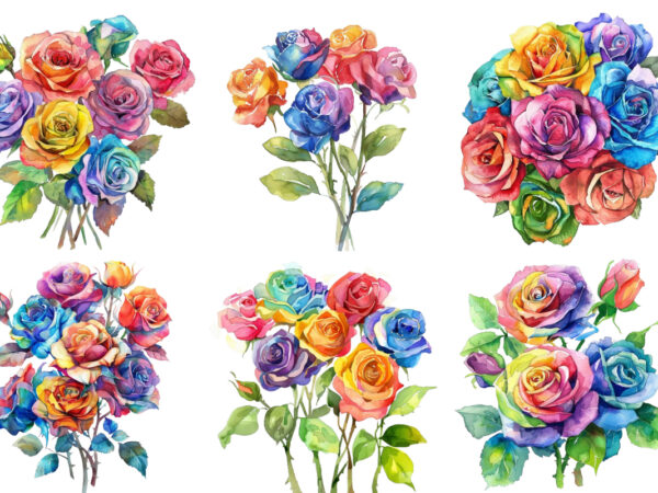 Watercolor bunch of rainbow roses clipart t shirt design for sale