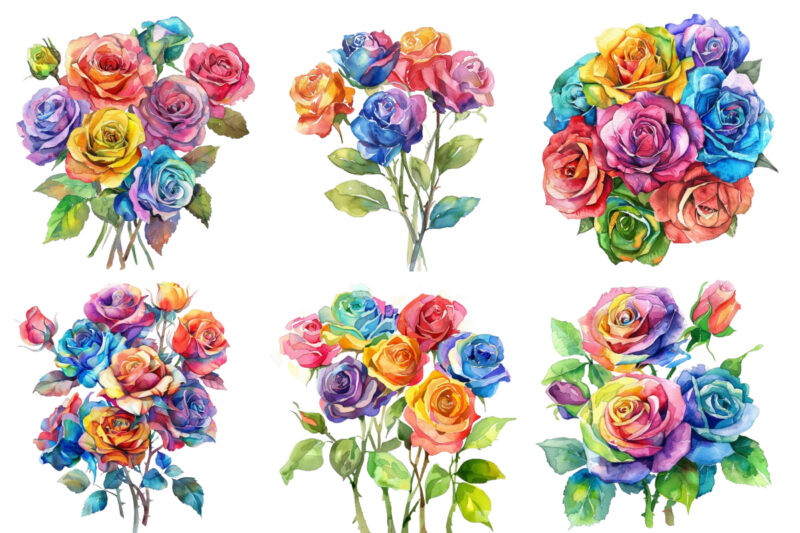 Watercolor Bunch of Rainbow Roses Clipart