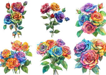 Watercolor Bunch of Rainbow Roses Clipart