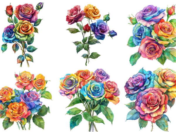 Watercolor bunch of rainbow roses clipart t shirt design for sale