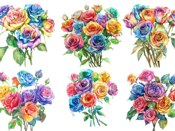 Watercolor bunch of rainbow roses clipart t shirt design for sale