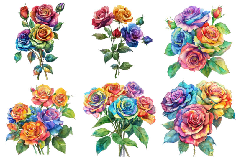 Watercolor Bunch of Rainbow Roses Clipart