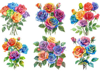 Watercolor Bunch of Rainbow Roses Clipart