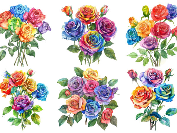 Watercolor bunch of rainbow roses clipart t shirt design for sale