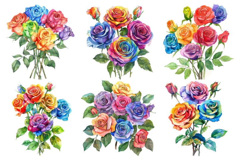 Watercolor Bunch of Rainbow Roses Clipart