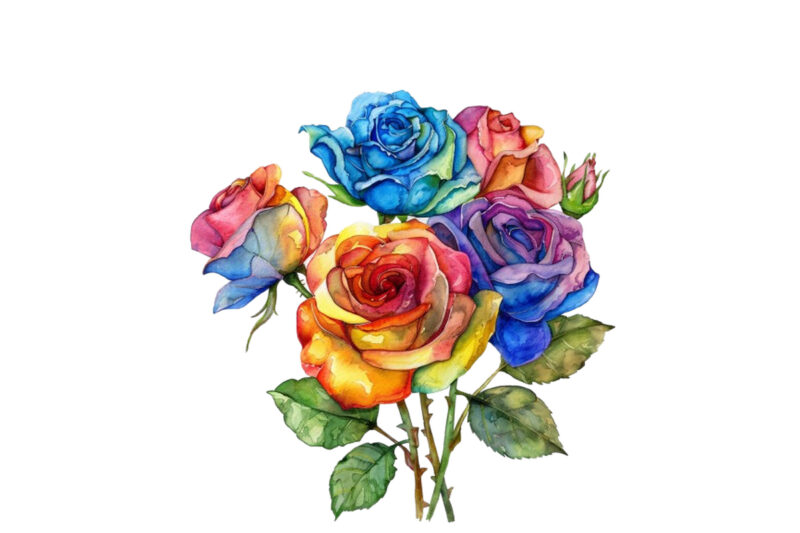 Watercolor Bunch of Rainbow Roses Clipart