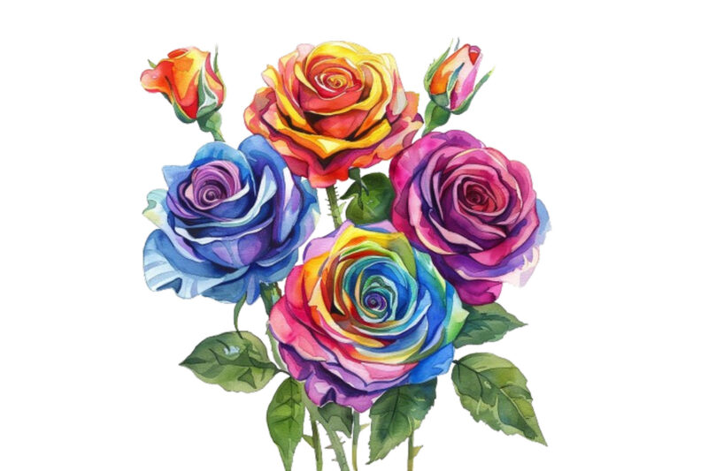 Watercolor Bunch of Rainbow Roses Clipart