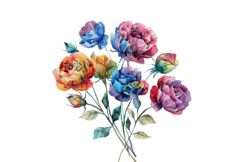 Watercolor Bunch of Rainbow Roses Clipart