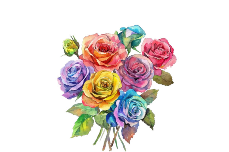 Watercolor Bunch of Rainbow Roses Clipart