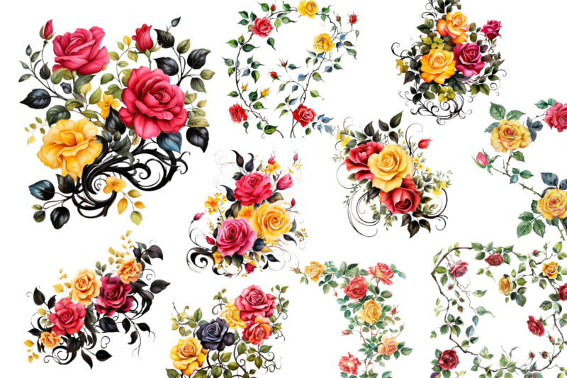 Watercolor Black Red Yellow Pink Roses Vine Clipart