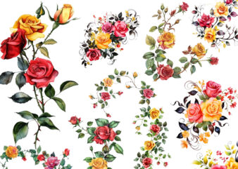 Watercolor Black Red Yellow Pink Roses Vine Clipart