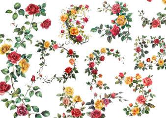 Watercolor Black Red Yellow Pink Roses Vine Clipart