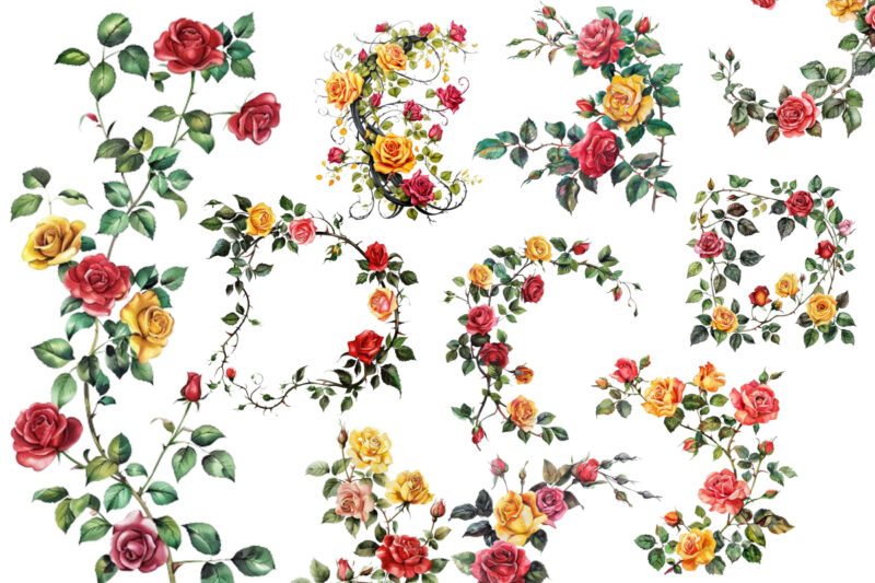 Watercolor Black Red Yellow Pink Roses Vine Clipart