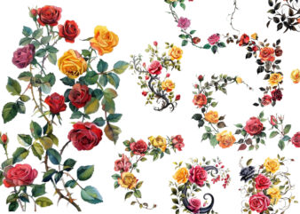 Watercolor Black Red Yellow Pink Roses Vine Clipart