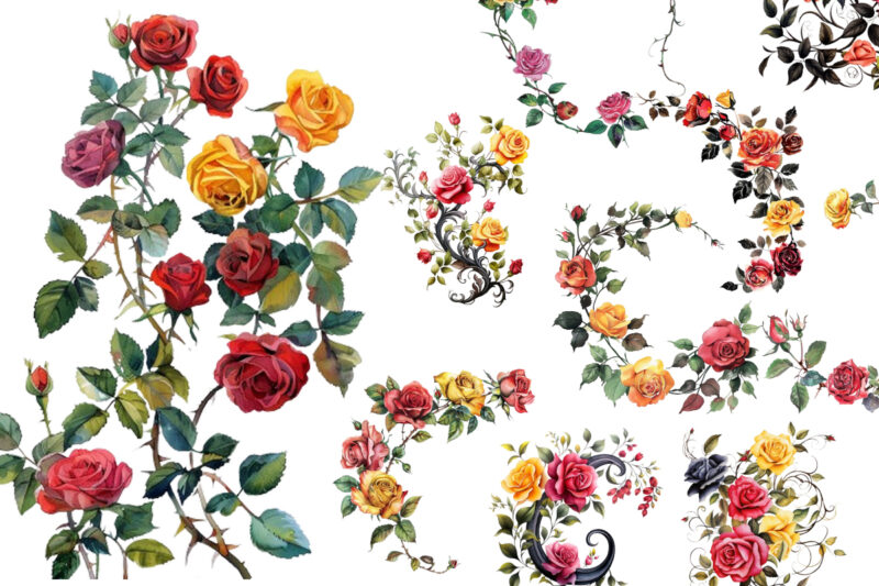 Watercolor Black Red Yellow Pink Roses Vine Clipart