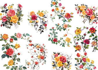 Watercolor Black Red Yellow Pink Roses Vine Clipart