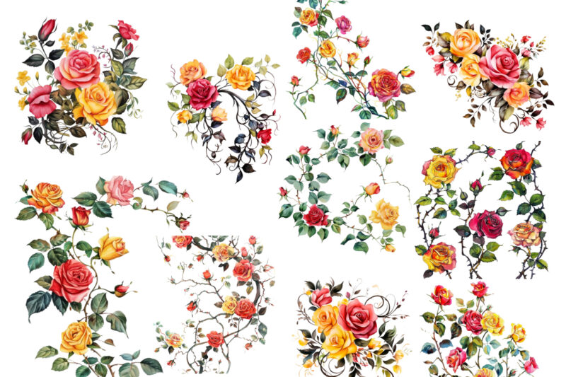 Watercolor Black Red Yellow Pink Roses Vine Clipart