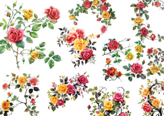 Watercolor Black Red Yellow Pink Roses Vine Clipart