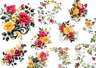 Watercolor Black Red Yellow Pink Roses Vine Clipart