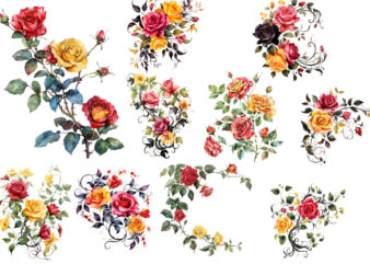 Watercolor Black Red Yellow Pink Roses Vine Clipart