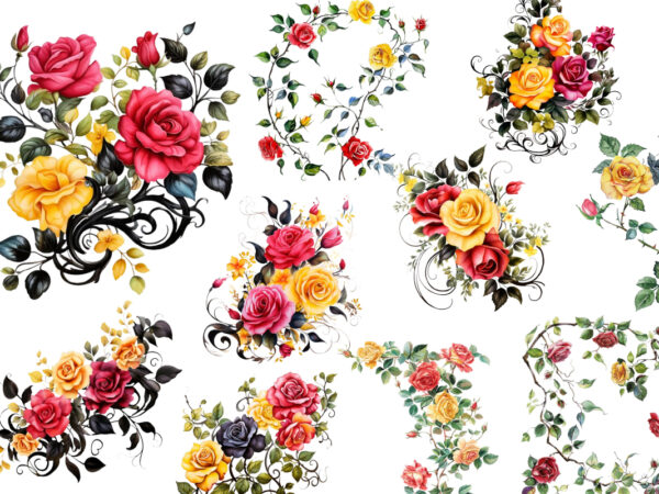 Watercolor black red yellow pink roses vine clipart t shirt design for sale