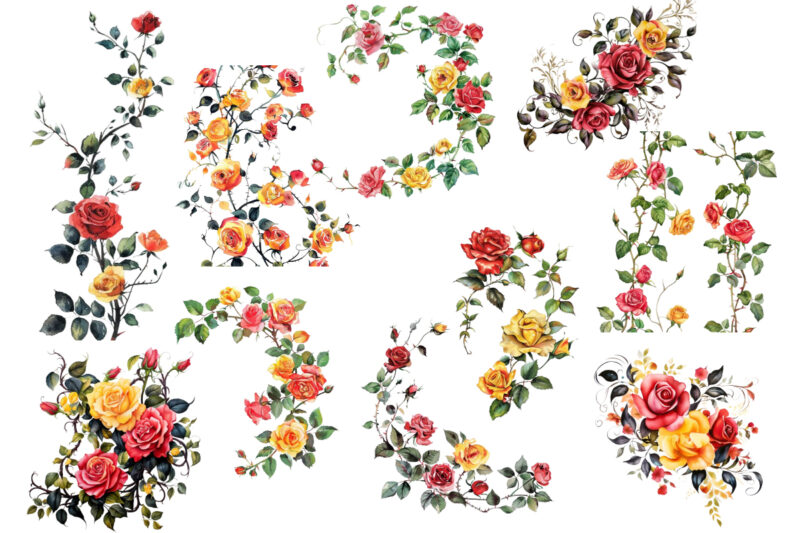 Watercolor Black Red Yellow Pink Roses Vine Clipart