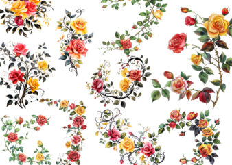 Watercolor Black Red Yellow Pink Roses Vine Clipart