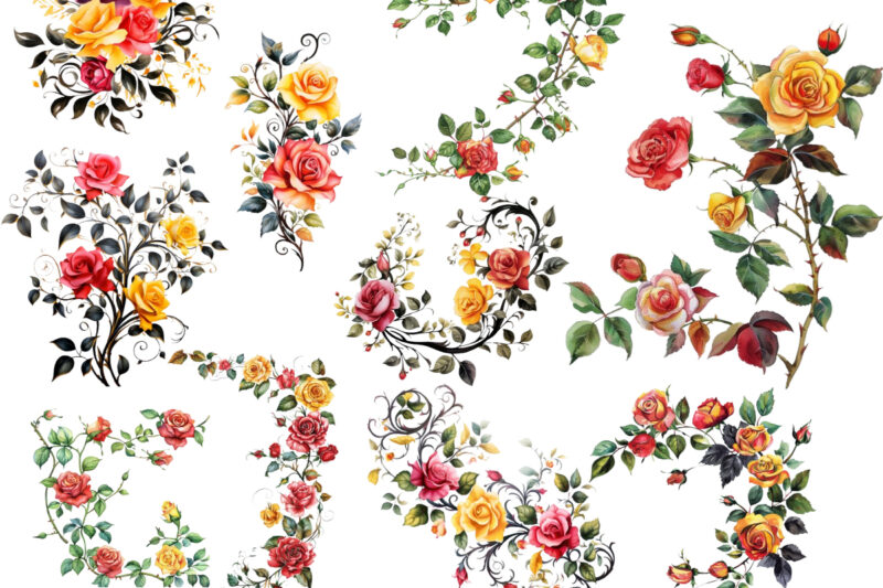 Watercolor Black Red Yellow Pink Roses Vine Clipart