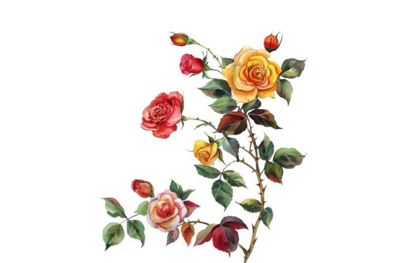 Watercolor Black Red Yellow Pink Roses Vine Clipart