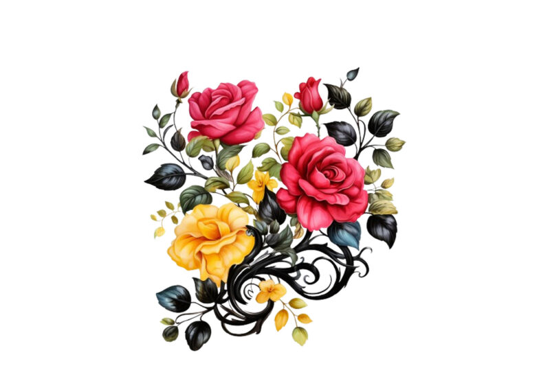 Watercolor Black Red Yellow Pink Roses Vine Clipart