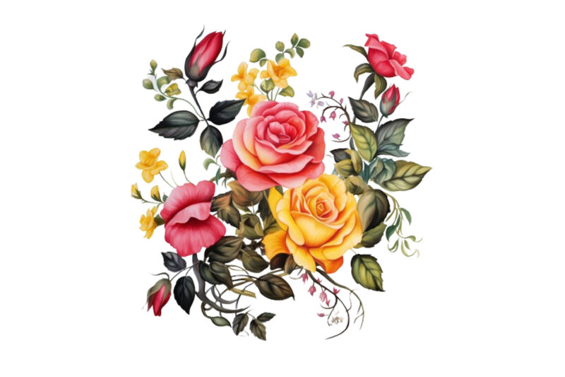 Watercolor Black Red Yellow Pink Roses Vine Clipart