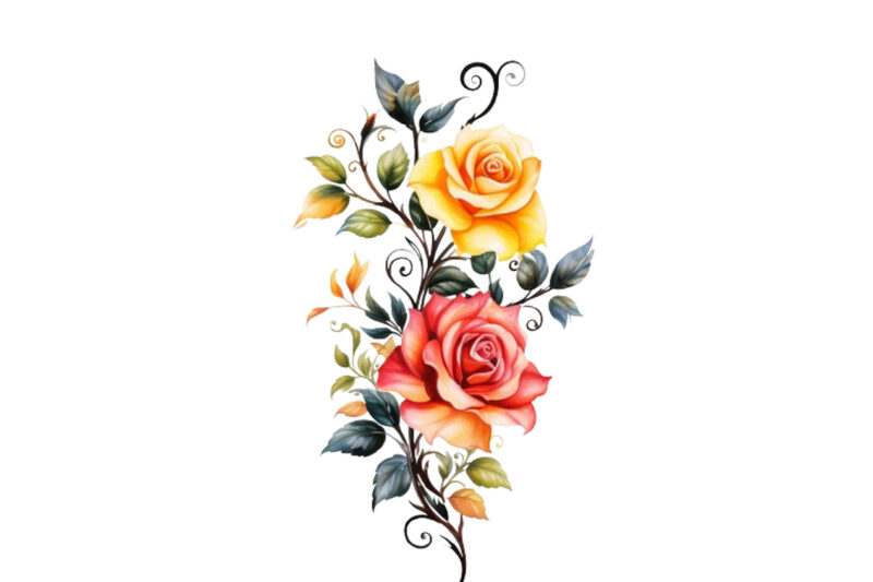 Watercolor Black Red Yellow Pink Roses Vine Clipart