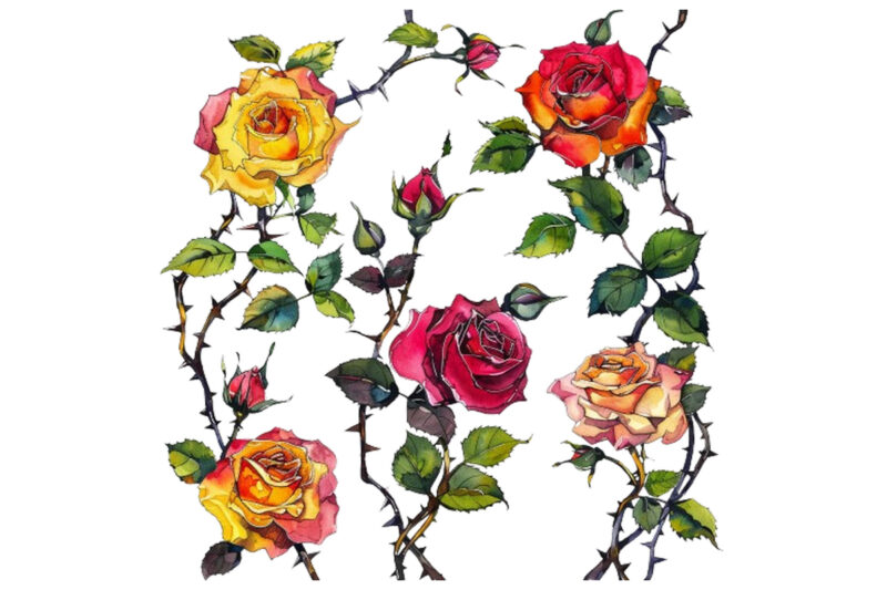 Watercolor Black Red Yellow Pink Roses Vine Clipart