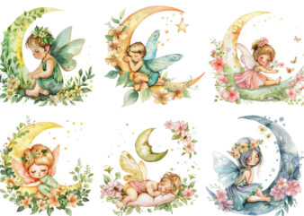 Watercolor Cartoon Baby Fairy With Flowers and the Moon