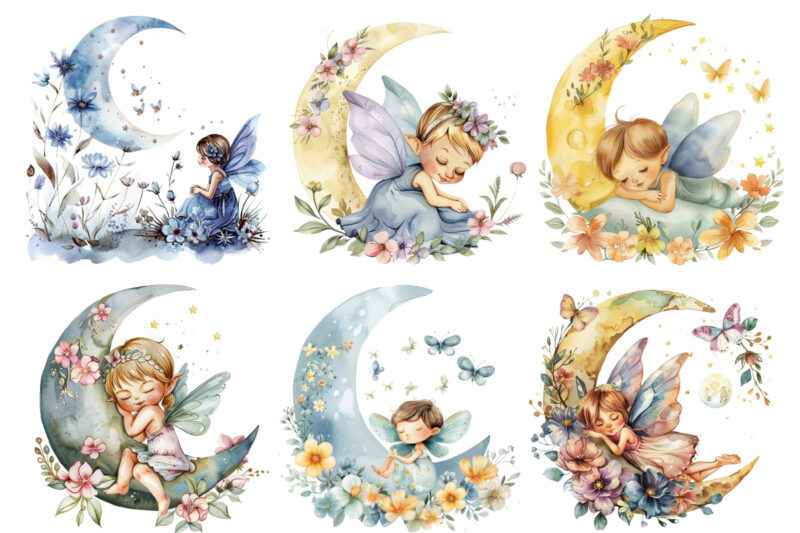 Watercolor Cartoon Baby Fairy With Flowers and the Moon