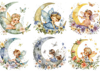 Watercolor Cartoon Baby Fairy With Flowers and the Moon