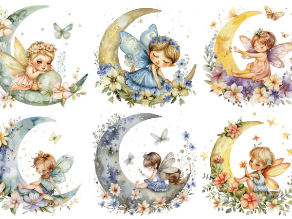 Watercolor cartoon baby fairy with flowers and the moon t shirt design for sale