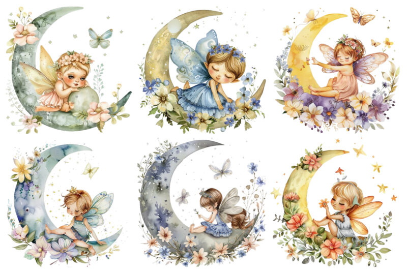 Watercolor Cartoon Baby Fairy With Flowers and the Moon