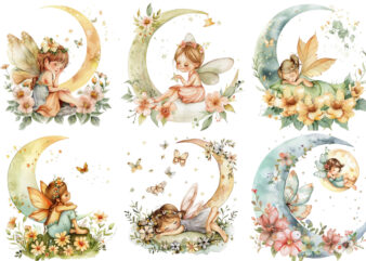 Watercolor Cartoon Baby Fairy With Flowers and the Moon