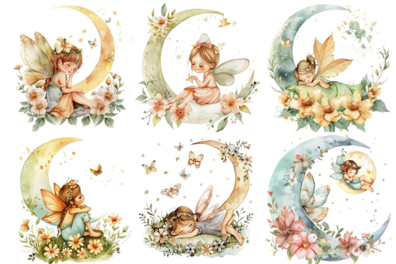 Watercolor Cartoon Baby Fairy With Flowers and the Moon