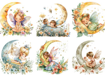 Watercolor Cartoon Baby Fairy With Flowers and the Moon t shirt design for sale