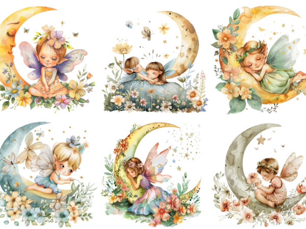 Watercolor cartoon baby fairy with flowers and the moon t shirt design for sale