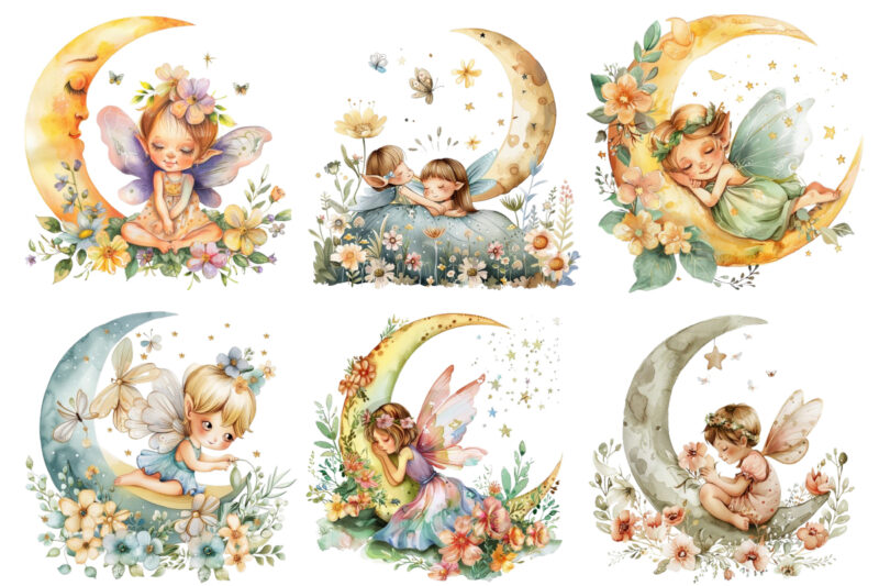 Watercolor Cartoon Baby Fairy With Flowers and the Moon