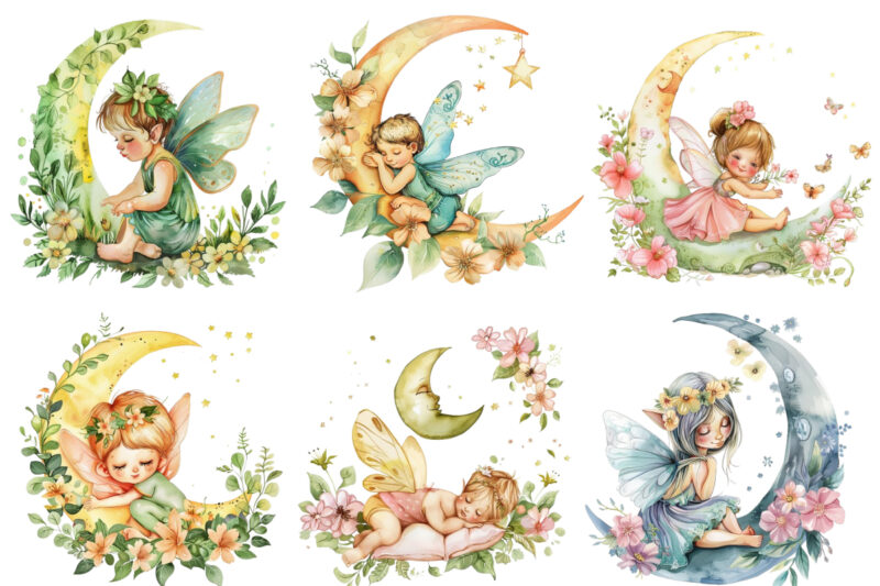 Watercolor Cartoon Baby Fairy With Flowers and the Moon