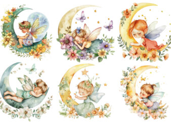 Watercolor Cartoon Baby Fairy With Flowers and the Moon