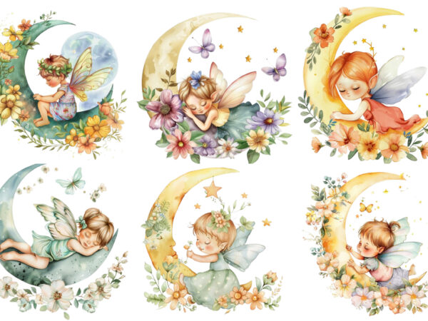 Watercolor cartoon baby fairy with flowers and the moon t shirt design for sale