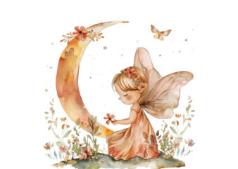 Watercolor Cartoon Baby Fairy With Flowers and the Moon