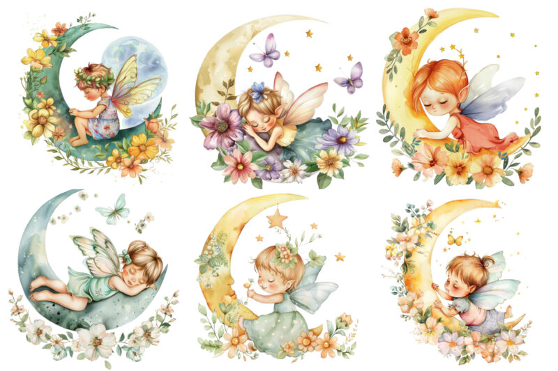 Watercolor Cartoon Baby Fairy With Flowers and the Moon