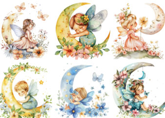 Watercolor Cartoon Baby Fairy With Flowers and the Moon